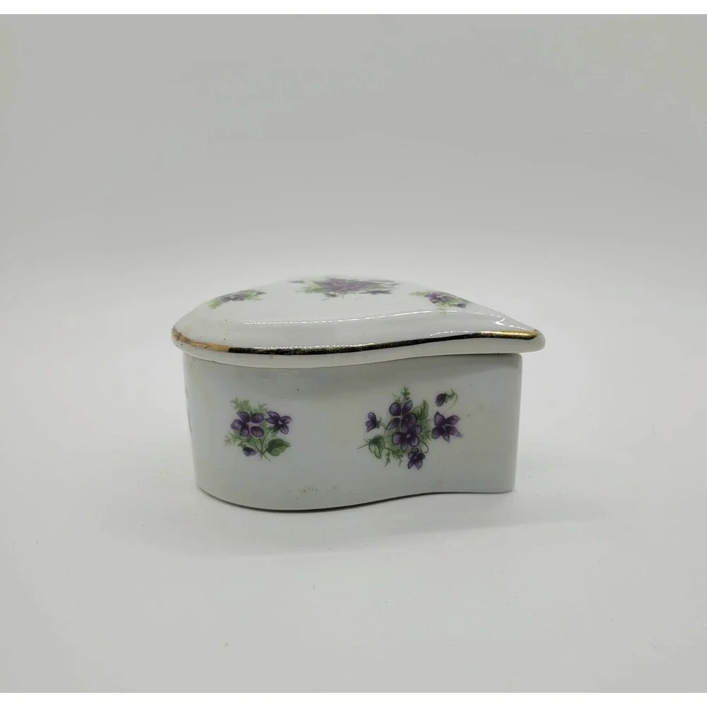 Lefton China Heart Trinket Box Purple‎ Violets Gold Trim Vintage 1946 Japan